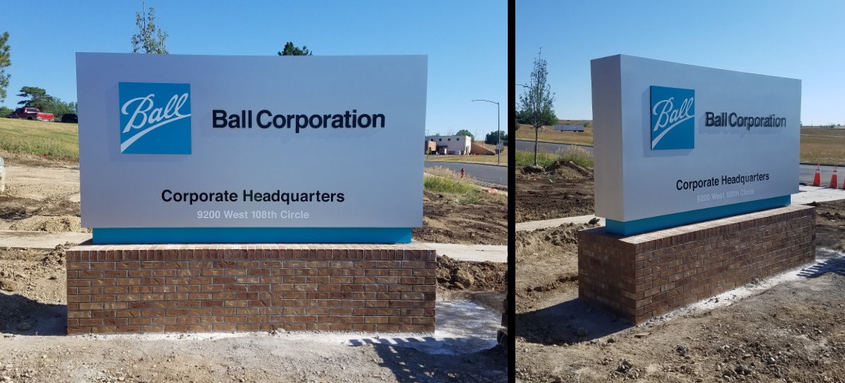 Monument sign for Ball Corporation corporate headquarters.