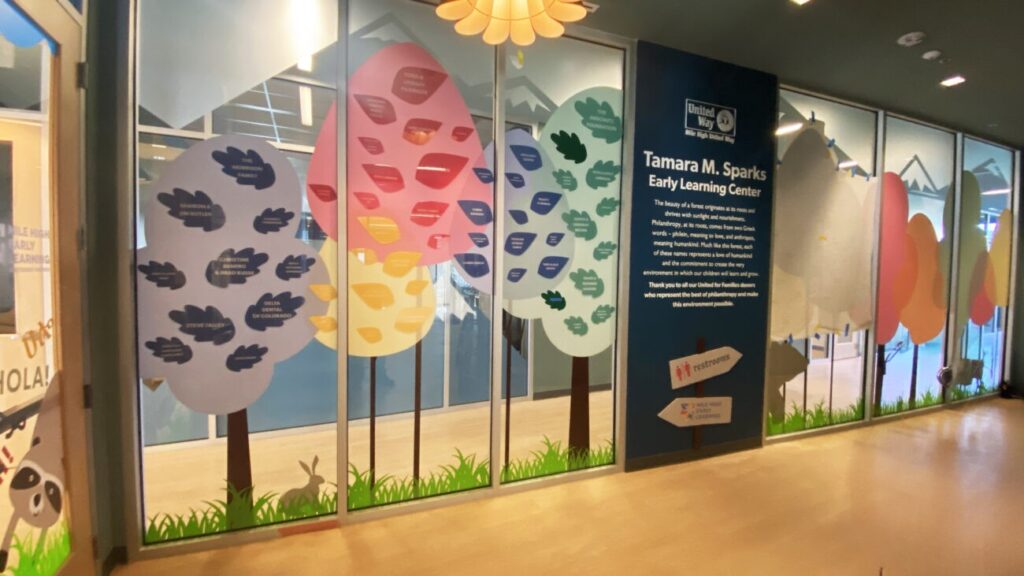 Beautiful indoor space showcasing Environmental Graphic Design with cohesive branding, elegant signage, and visually engaging wall graphics