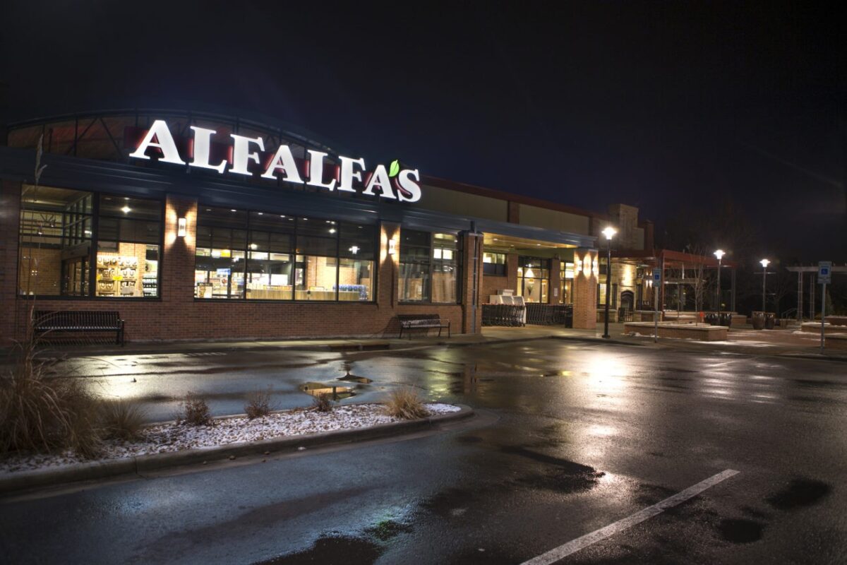 Outdoor illuminated channel letter sign at night
