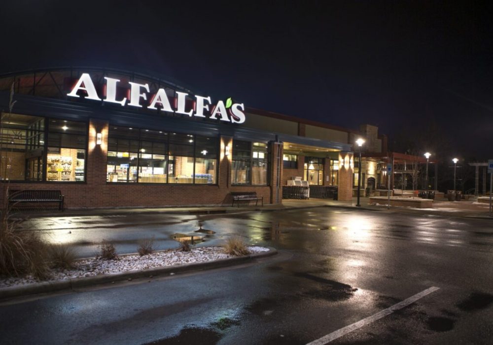 Outdoor illuminated channel letter sign at night